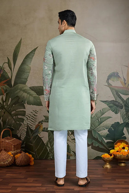 Designer Pista Green Viscose Silk Fancy Kurtas For Men