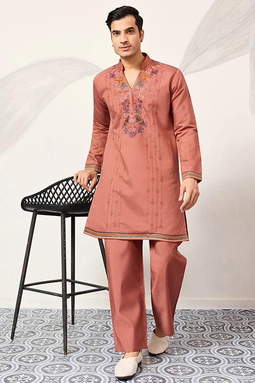 Elegant Royal V Style Orange Kurta Pant For Mens Wear