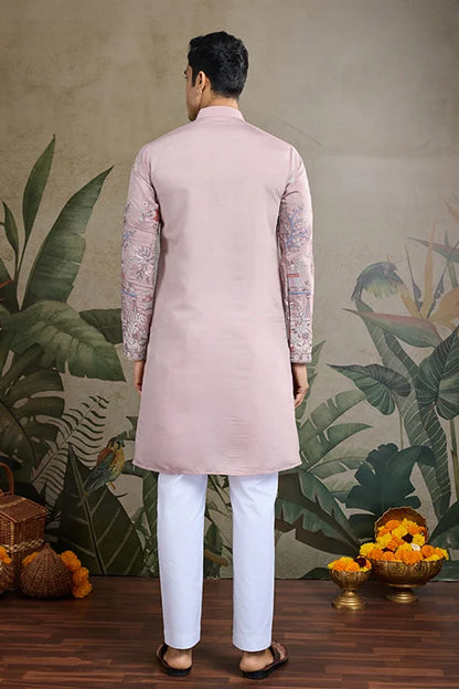 Designer Peach Silk Kurta For Men