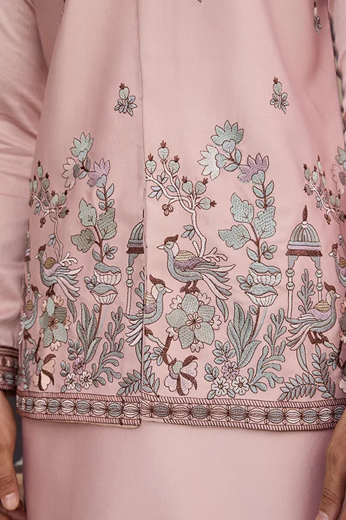 Pink Unique Color Embroidered Koti Kurta Pajama for Mens