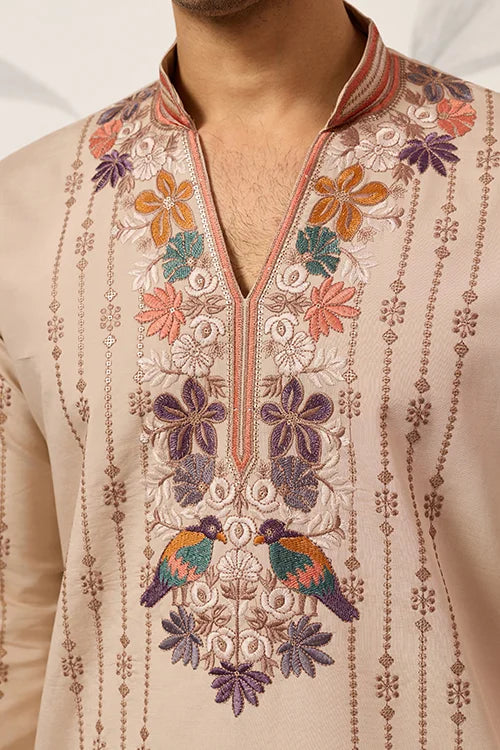 Premium Beige Embroidered V Neck Kurta Pant Set