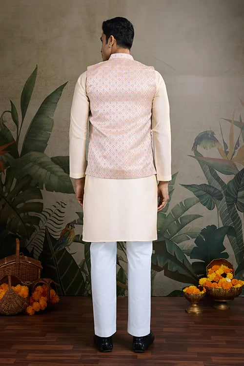 Festive Wear Off White Silk Kurta With Jacquard Koti