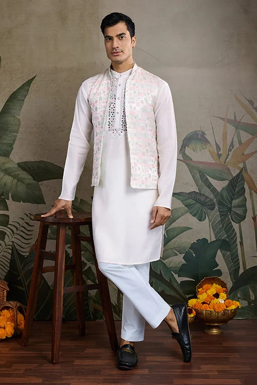 Designer White Kurta & Open Koti For Men