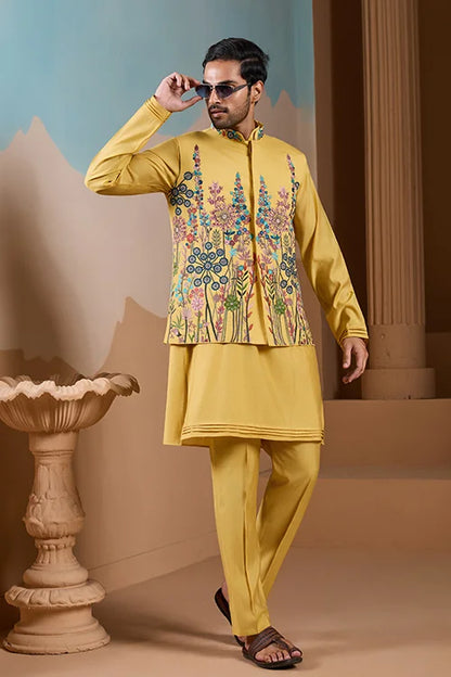 Haldi Ceremony Yellow Embroidered Koti Kurta Set for Mens