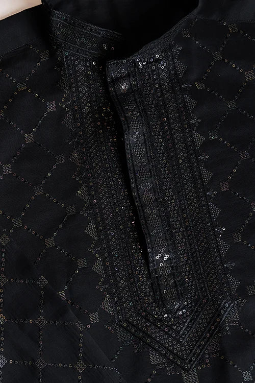 Black Viscose Fabric Embroidered Traditional Kurta For Mens Wear
