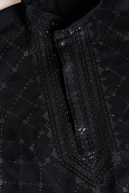 Black Viscose Fabric Embroidered Traditional Kurta For Mens Wear