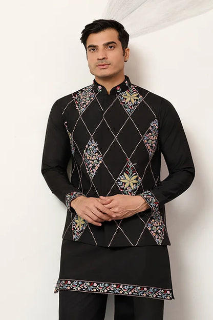 Premium Wedding Black Koti Kurta Pajama for Mens Wear