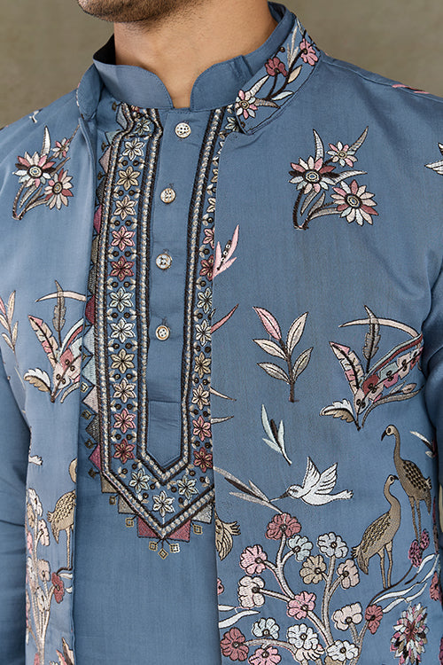 Blue Gray Open Koti Style Kurta Pajama Set For Men
