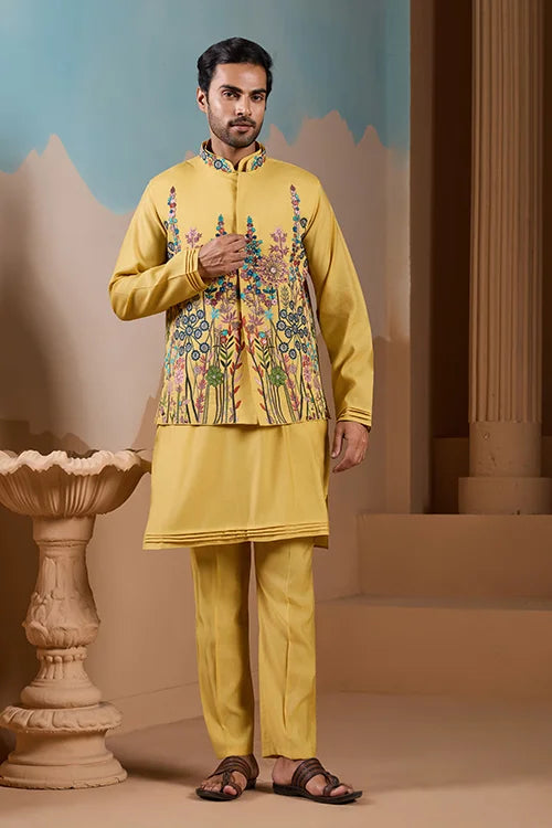Haldi Ceremony Yellow Embroidered Koti Kurta Set for Mens