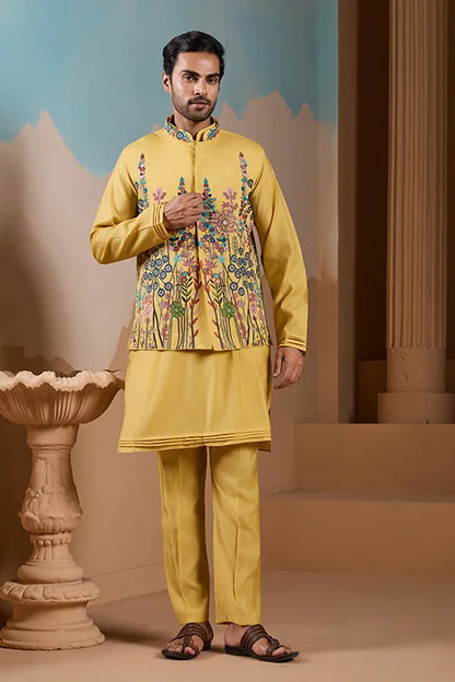 Haldi Ceremony Yellow Embroidered Koti Kurta Set for Mens