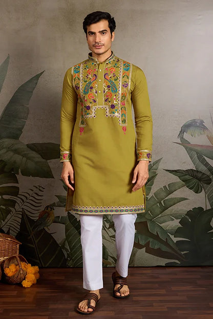Festive Wear Flourescent Green Embroidered Kurta for Men