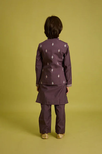 Premium Purple Kids Koti Kurta Pajama Set for Wedding Style