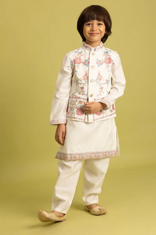 Traditional Wear White Koti Kurta Pajama for Boys Wear
