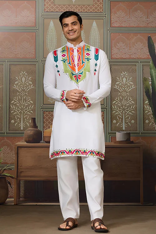 White Traditional Designer Festival Wear Kurta for Men