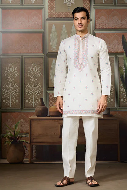 Ethnic White Embroidered Koti Kurta Set for Men