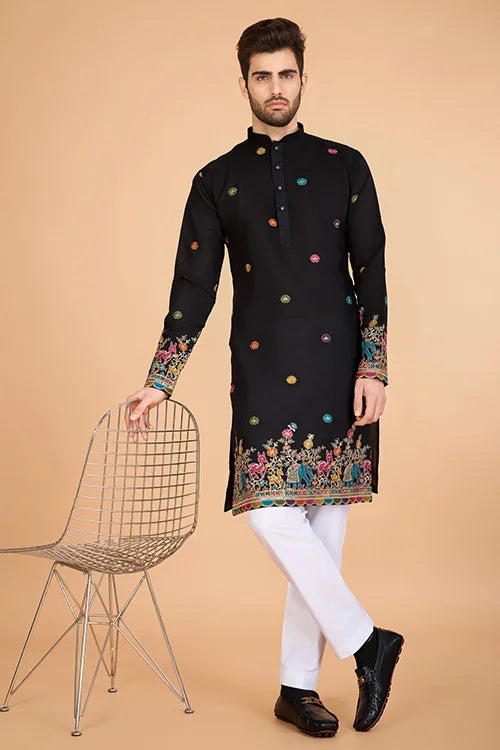Black Designer Viscose Silk Kurta With Thread Work