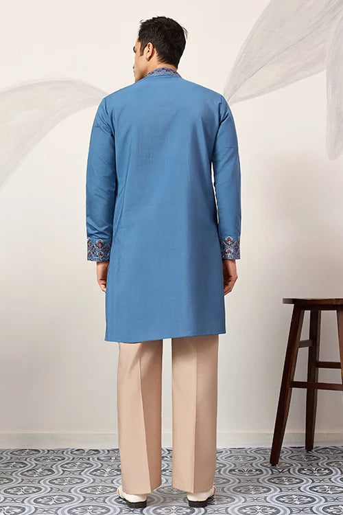 Wedding Royal Look Blue Kurta With Dupatta For Mens Wear
