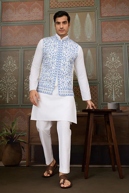 Traditional White Kurta Blue Koti Pajama for Men