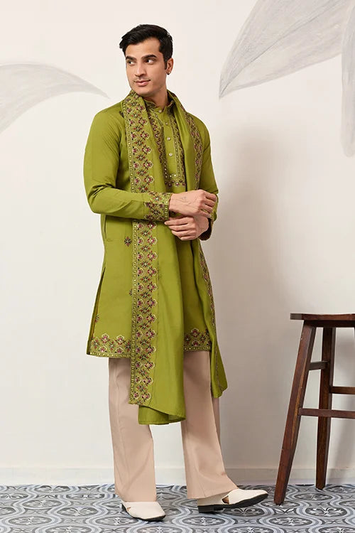 Classic Wedding Fluorescent Green Mens Wear Kurta With Dupatta