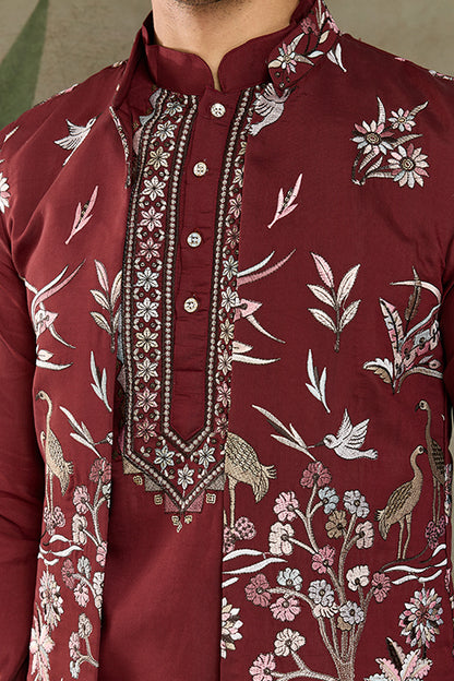 Wedding Special Maroon Jacket Style Kurta Pajama Full Set