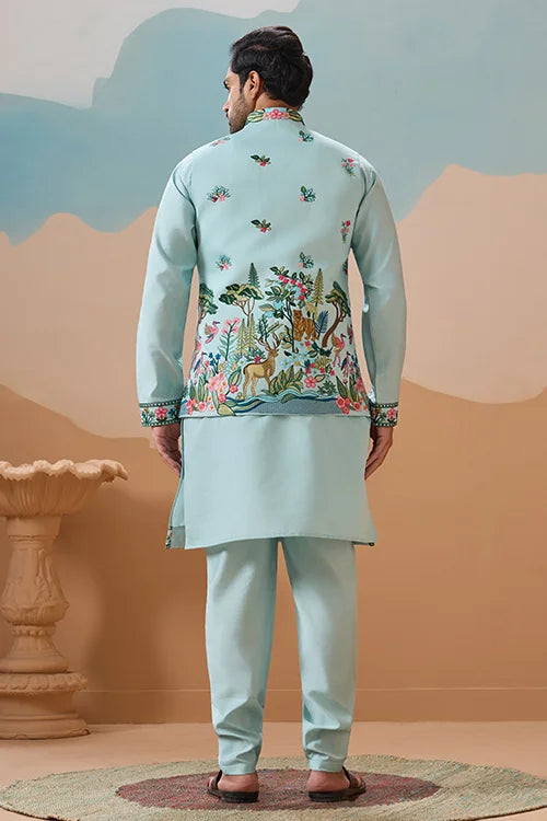Stylish Sky Color Mens Koti Kurta Set Collection