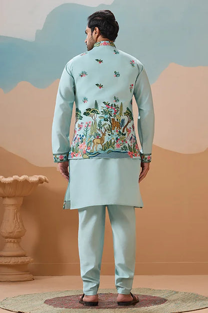 Stylish Sky Color Mens Koti Kurta Set Collection