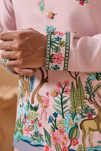 Classy Light Pink Mens Koti Kurta for Wedding Celebrations