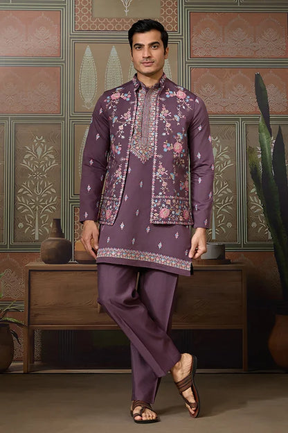 Dusty Purple Wedding Kurta with Matching Koti Set for men