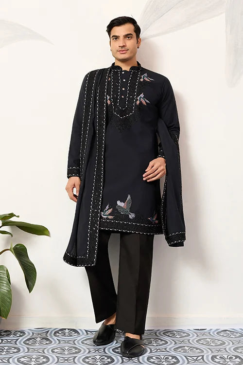 Mens Wear Luxury Navy Blue Kurta With Dupatta Collection