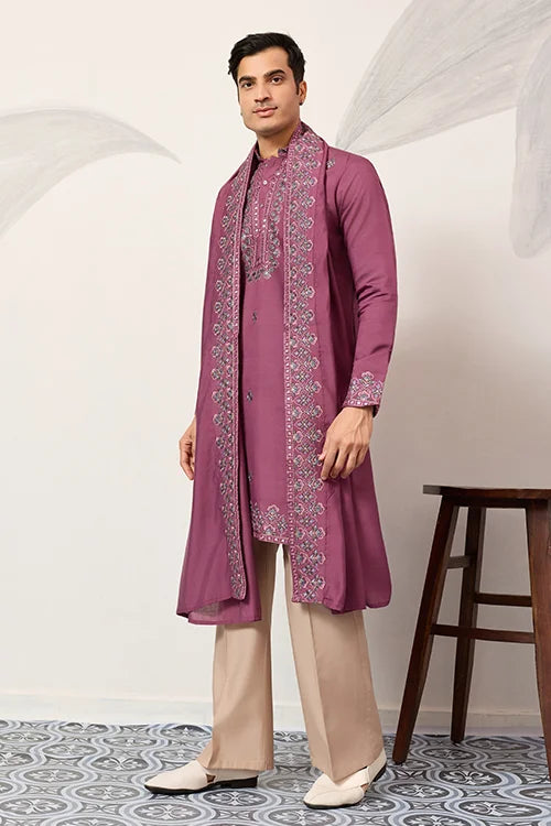 Trendy Pink Color Kurta With Dupatta For Mens Wear