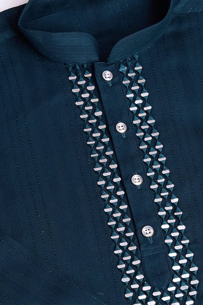 Teal Blue Designer Kurta Set With Mirror Work For Men