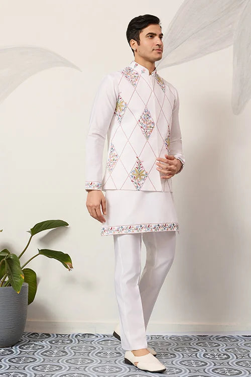 Elegant Wedding Special White Koti Kurta Pajama Set