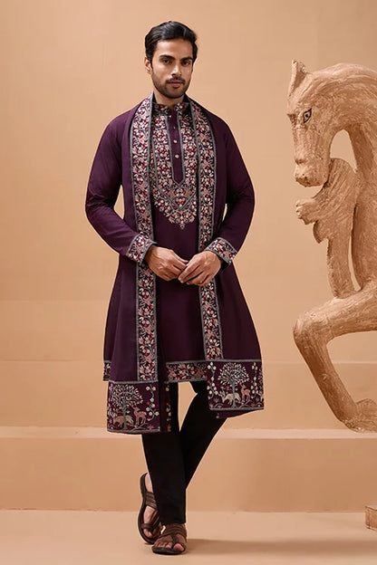 Ethnic Look Purple Kurta with Dupatta Mens Wear Special
