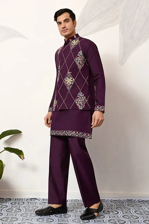 Premium Purple Koti Kurta Pajama for Wedding Wear
