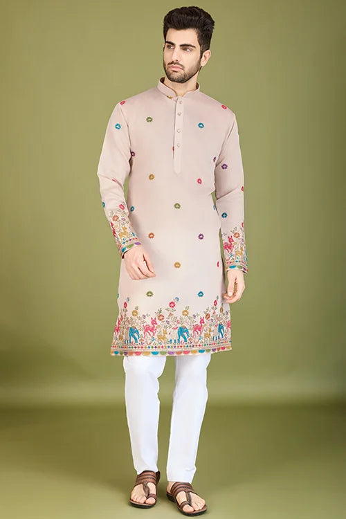 Ivory Viscose Silk Men's Kurta With Thread Work
