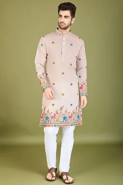 Ivory Viscose Silk Men's Kurta With Thread Work