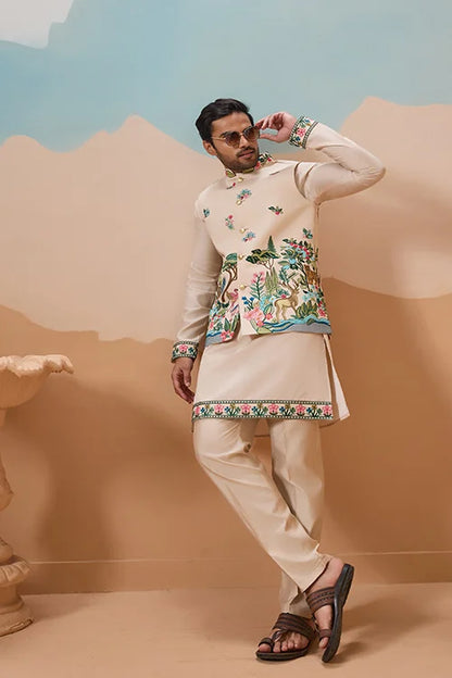 Latest Beige Color Koti Kurta Set for Mens Wear Collection