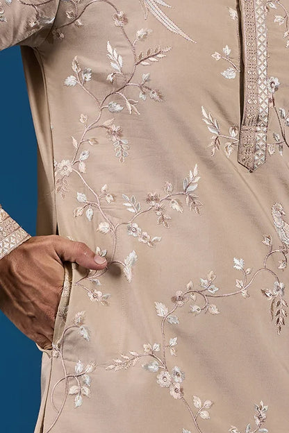 Elegant Beige Embroidered Viscose Silk Kurta for Mens