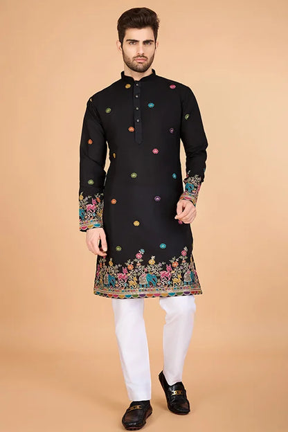 Black Designer Viscose Silk Kurta With Thread Work