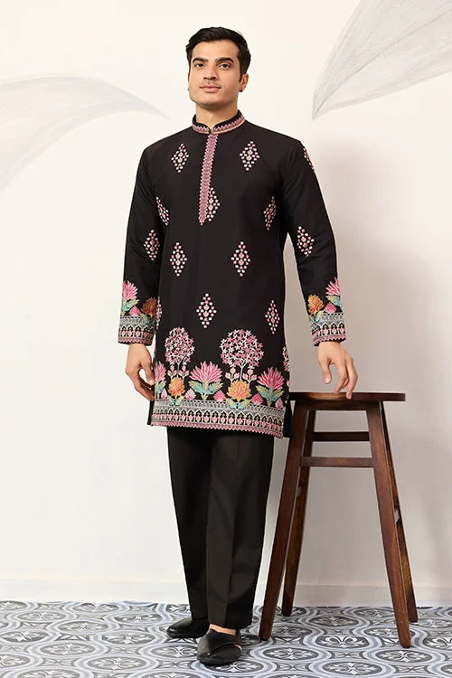Ethnic Speical Classic Black Embroidered Kurta For Mens