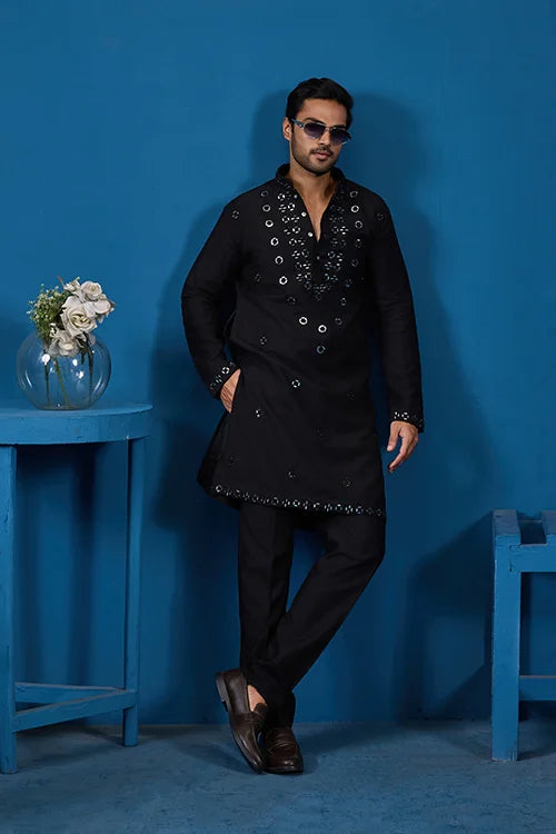 Classy Black Mirror Kurta Pant Wedding Outfit for Mens