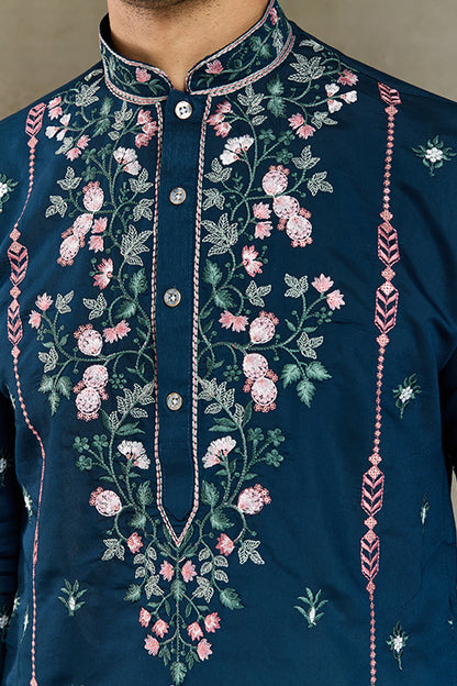 Wedding Special Teal Blue Embroidered Silk Kurta