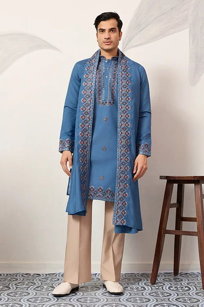 Wedding Royal Look Blue Kurta With Dupatta For Mens Wear