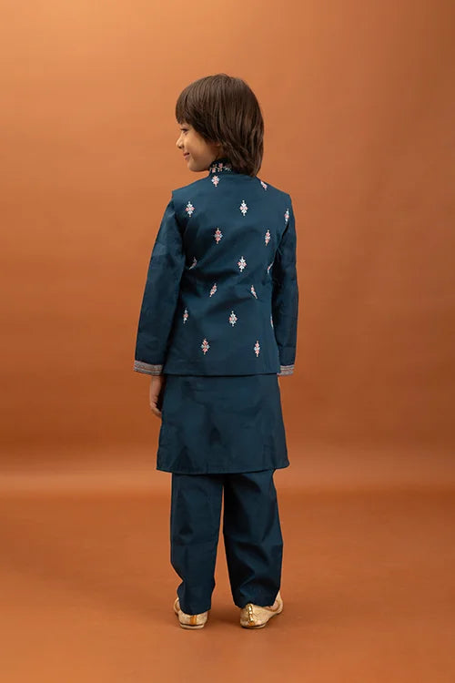 Bottle Green Kids Kurta Pajama with Koti Set