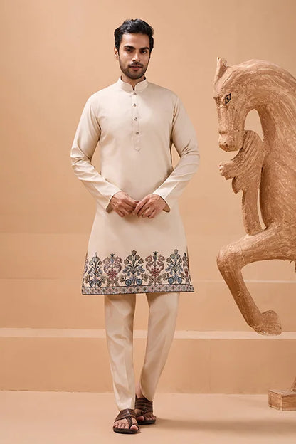 Tendy Beige Wedding Special Koti Kurta Set for Mens Wear