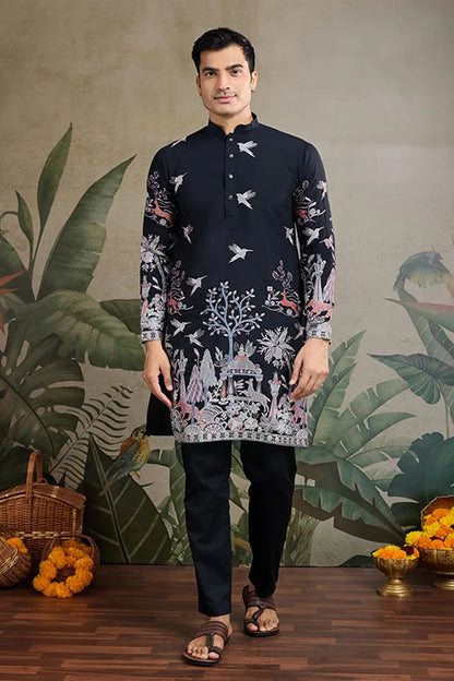 Designer Black Viscose Silk Fancy Kurtas For Men
