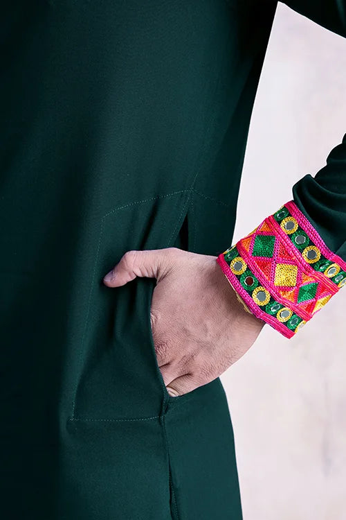 Green Color Men's Wear Embroidered Kurta with Dupatta Collection