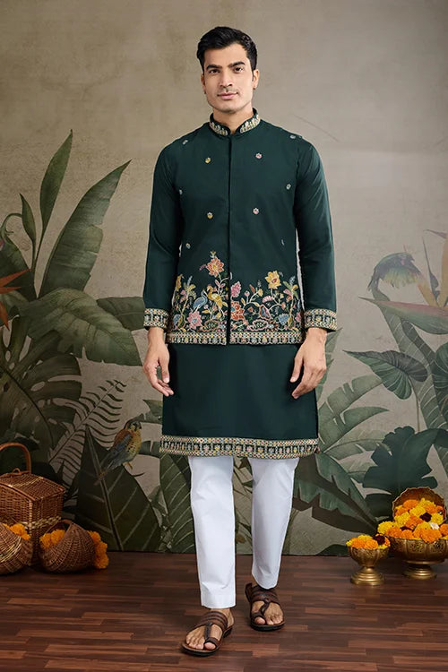 Stylish Green Men's Kurta Koti Set – Elegant & Trendy