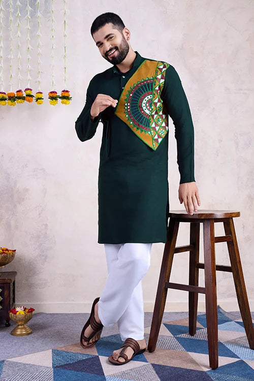 Green Color Ready To Wear Traditional Kurta For Mens Wear