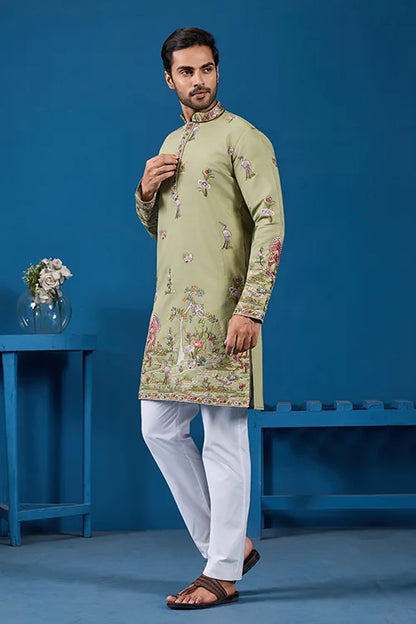 Traditional Pista Green Embroidered Kurta for Men